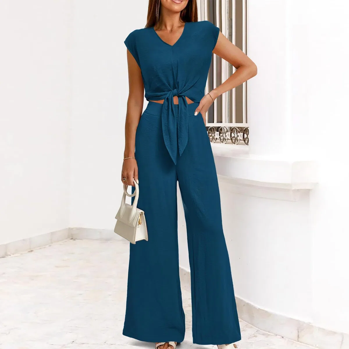 amropi Donna Tuta a Maniche Corte con Scollo a V Papillon Pantaloni a Gamba Larga Estate Loungewear Set