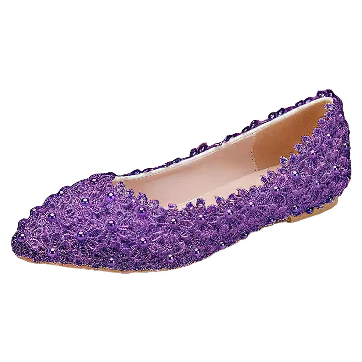 Donna Elegante Fiore Pizzo Perle Scarpe da Sposa Pumps Suola Morbida Ballerine a Punta