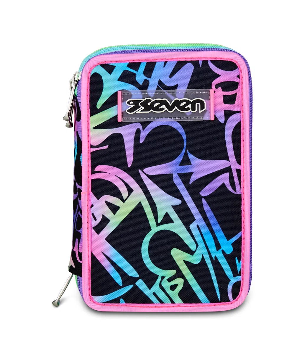 Seven Astuccio Scuola Elementare, 3 scomparti, Medie, con Matite, Pennarelli, Penne, 3 Zip, Sprinkling, Bambina e Ragazza, blu/viola