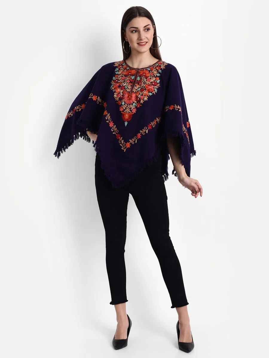 Indian Kashmiri - Poncho da donna con ricamo a mano, motivo cachemire, lavorato con fodera interna (dimensione libera), colore: verde