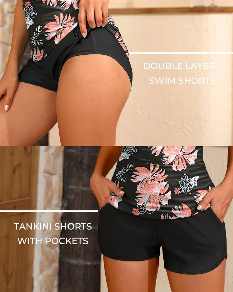 Tankini Donna Mare in 2 Pezzi Tankini Set Curvy Costume da Bagno con Vita Alta Boyshort Costume Donna Due Pezzi Costumi Mare Push Up Reggiseno Imbottito Removibile Sportivo Swimwear Beachwear