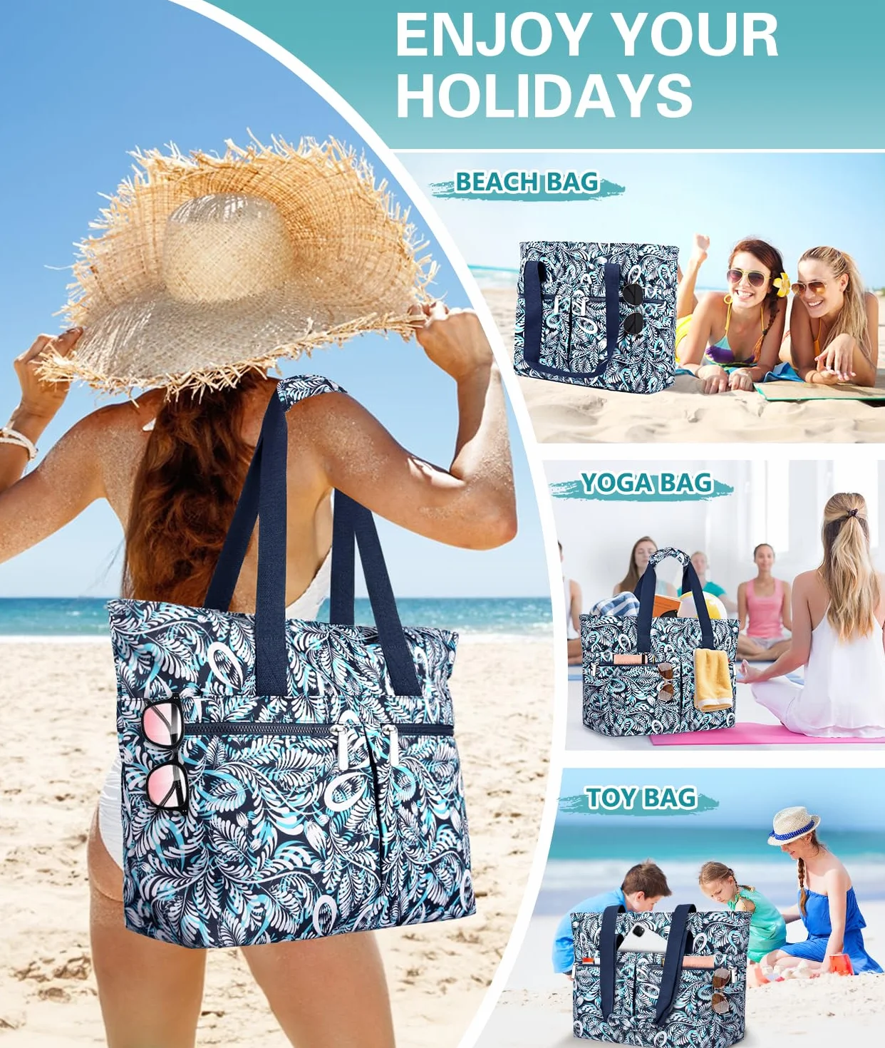Borsa Mare Donna Grande Borsa Spiaggia Famiglia 45L Impermeabile Borsas Piscina XXL Shopper Tote Bag con Cerniera Borse da Spiaggia Pieghevole per Shopping Viaggio Picnic