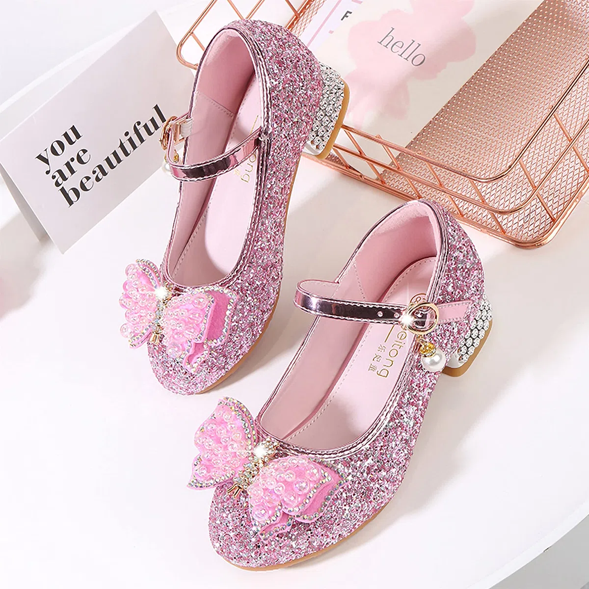 Principessa Scarpe con Tacco da Bambine e Ragazze con Fiocchi Scarpe da Principessa con Paillettes Ragazza Ballerine Glitterate Scarpe Eleganti Partito e Carnevale，Rosa