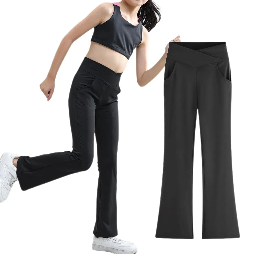 Pantaloni da yoga da bambina a vita alta Bootcut Pantaloni da danza in tinta unita per 5-12 anni, nero, 9-10 Anni