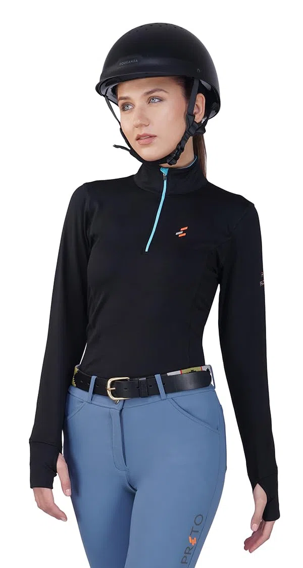 Preto Maglia termica da donna, a maniche lunghe, per atletica, abbigliamento equestre e attrezzatura per equitazione (nero/acqua)