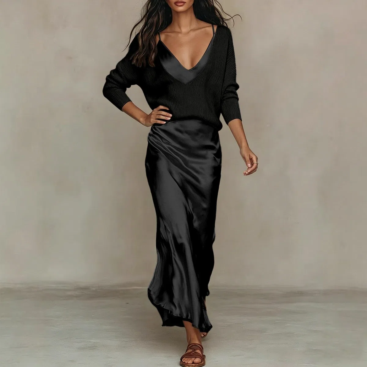 Elegante set di due pezzi composto da una parte superiore in tinta unita e un abito in raso in stile pronto per le donne, perfetto per tutti i giorni, tempo libero, appuntamenti e feste