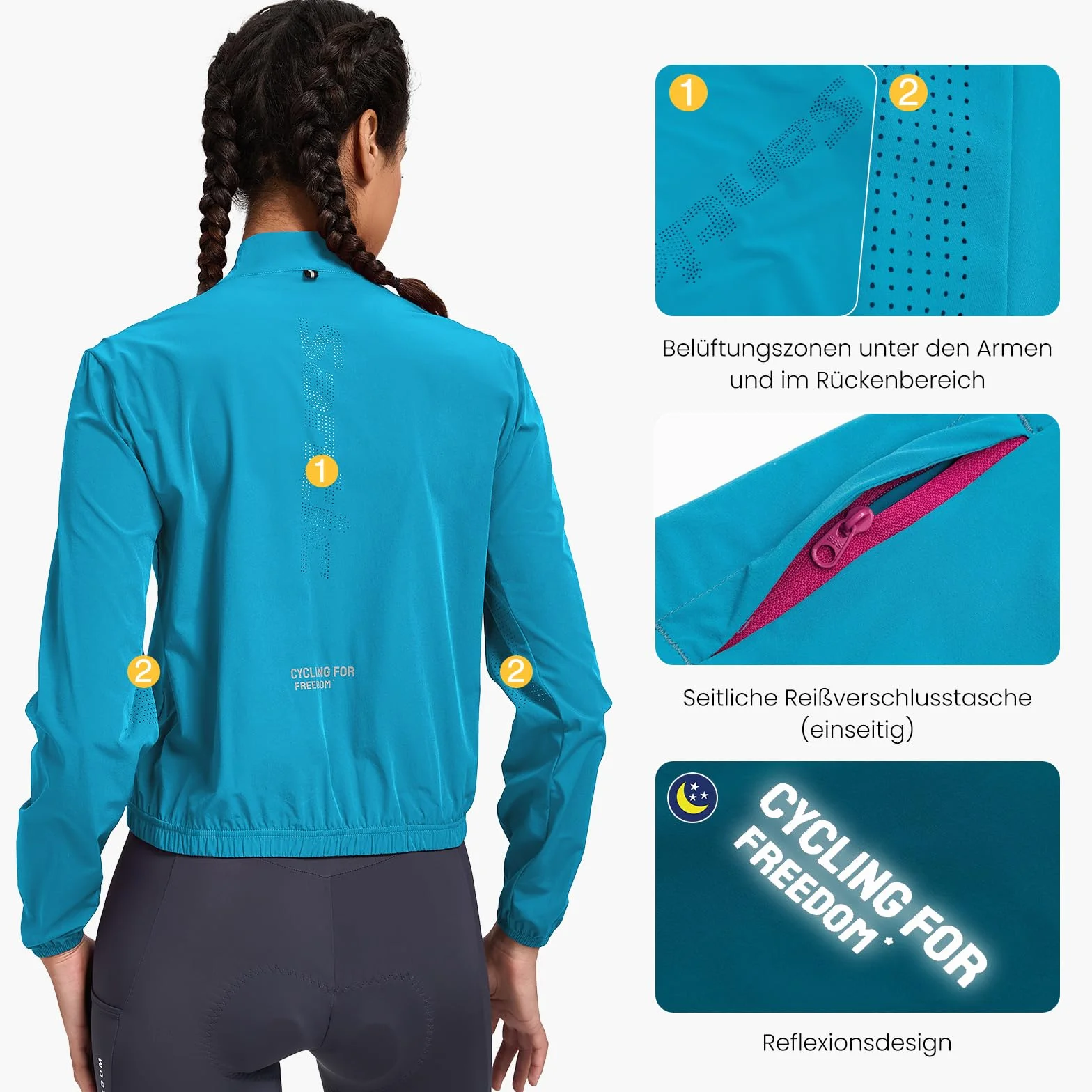 Santic Giacca da ciclismo da donna, per ciclismo, corsa, traspirante, leggera, protezione UV, per ciclismo, riflettente, da corsa