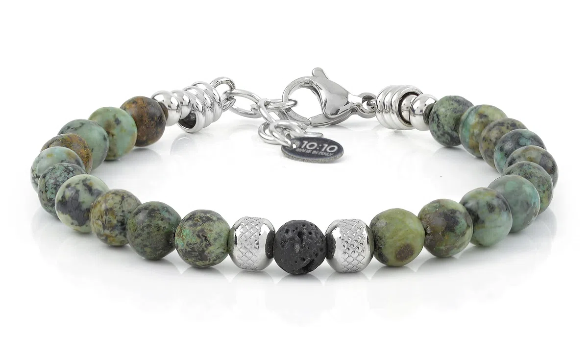 10:10 Bracciali Coppia Lui e Lei con Pietre Naturali da 6 mm, sfere in acciaio inox diamantate. Braccialetto in Acciaio Inox e Pietre Dure, Regolabile e Resistente. Made In Italy