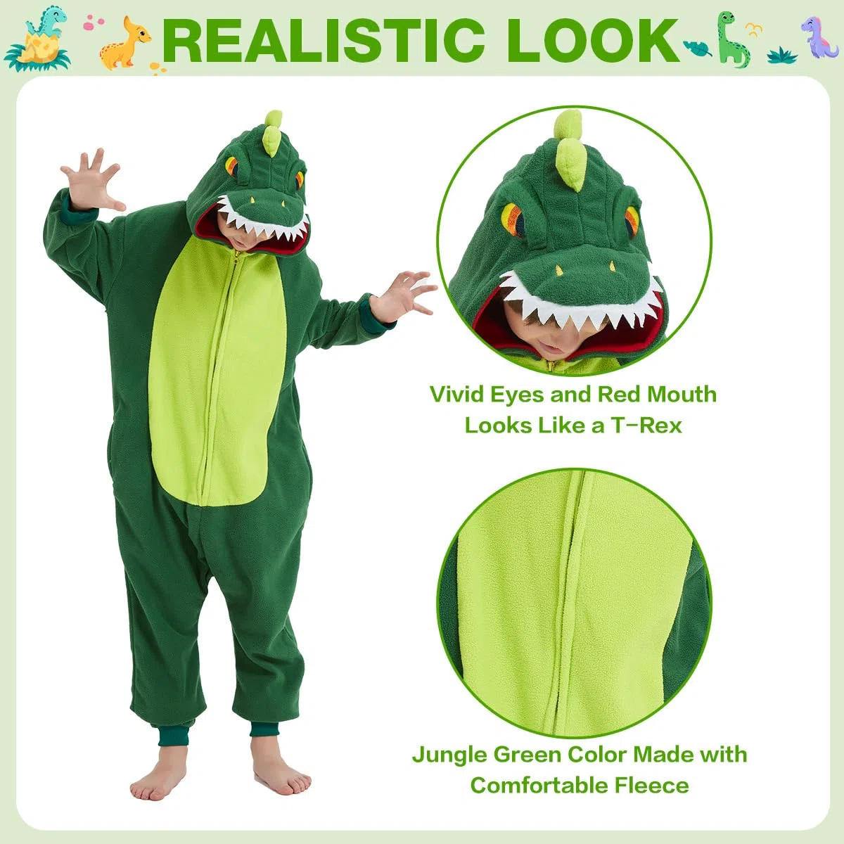 Tutina con Animali dei Cartoni, Dinosauro Pigiama Carino, Pagliaccetto, Costume Cosplay per Carnevale e Feste di Halloween per Bambini da 6 a 8 Anni