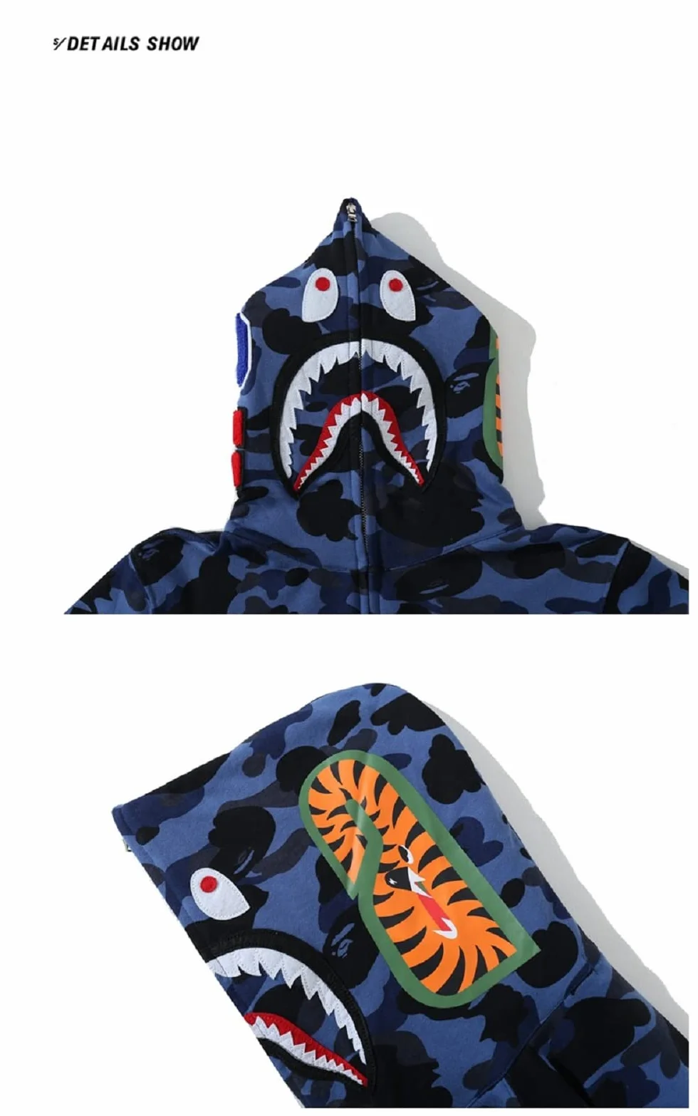 Uomo Felpa con Cappuccio Stampa Testa di Squalo Cerniera Giacca con Cappuccio Cardigan Manica Lunga Hip Hop Tops Sweatshirt Camouflage Cappotto con Cappuccio
