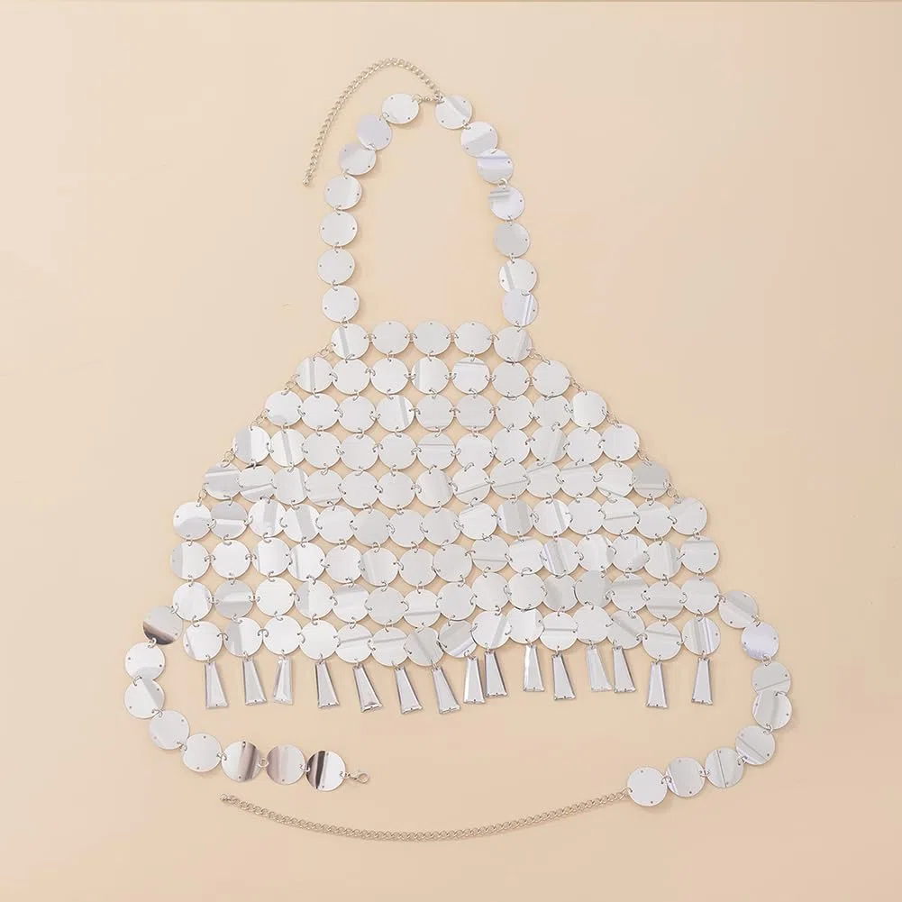 1Pc Argento Paillettes Bikini Top Estate Spiaggia Nappa Plastica Vestito Halter Schiena Scoperta Crop Top Reggiseno Sexy Catena Corpo Canotte Traforate Gioielli Catene Petto per Donne Nightc