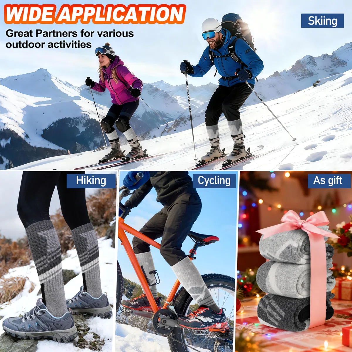 Sandsuced 3 coppie di calzini da sci in lana merino calzini da sci termici caldi invernali spessi ginocchio alto snowboard per donne uomini