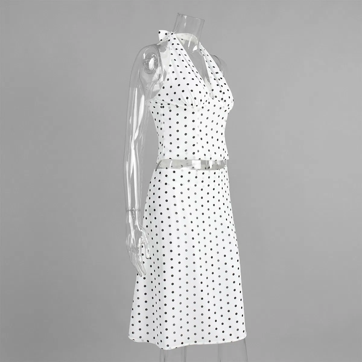 Set da Donna Vintage a Pois In 2 Pezzi, Gonna Longuette con Allacciatura Sul Retro e Gonna Midi for Uscire Abbinata