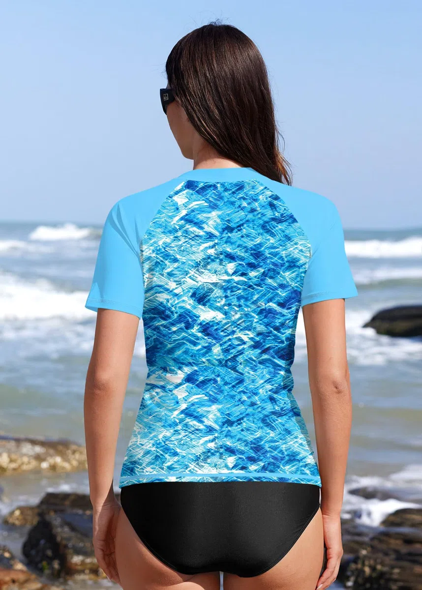 BesserBay Maglietta da donna con scollo a V, a maniche corte, 1/4 zip, protezione UV, stampa Rash Guard Top S-XXL