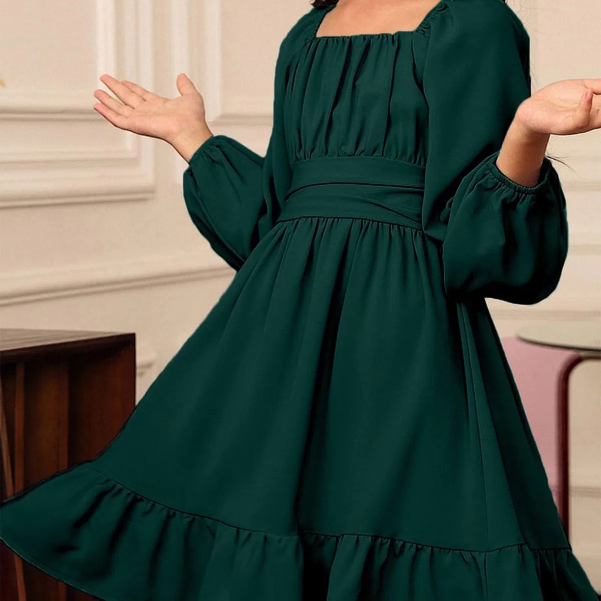 Vestito da festa per ragazze elegante autunno manica lunga cravatta indietro volant principessa matrimonio compleanno vestito bambini tinta unita una linea abiti casual