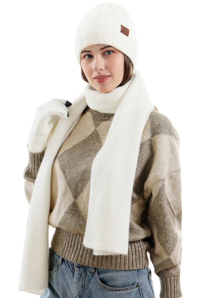Bequemer Laden Donna Inverno Caldo Knit Beanie Cappello Touchscreen Guanti Lungo Sciarpa Set con Fleece Foderato Teschio Caps Collo Sciarpe