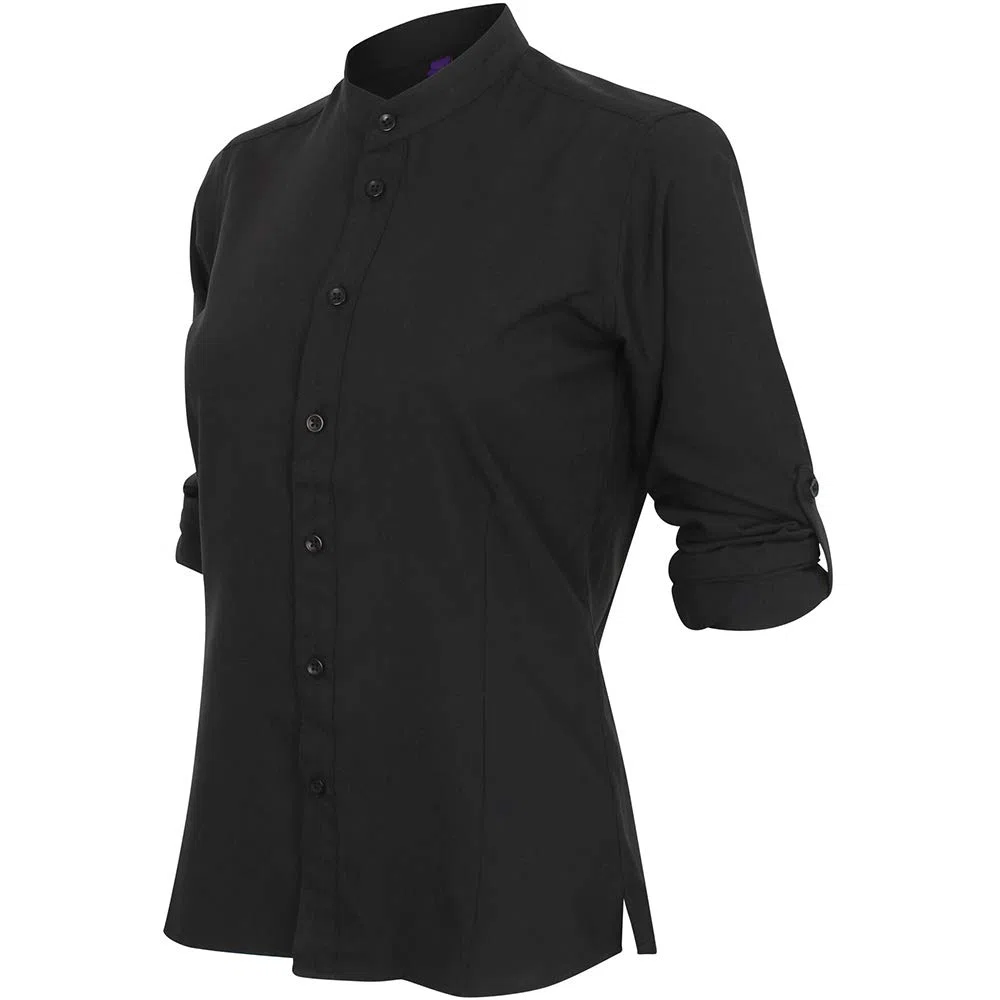 Henbury - Camicia con colletto alla coreana e maniche ripiegabili - Donna (S) (Nero)