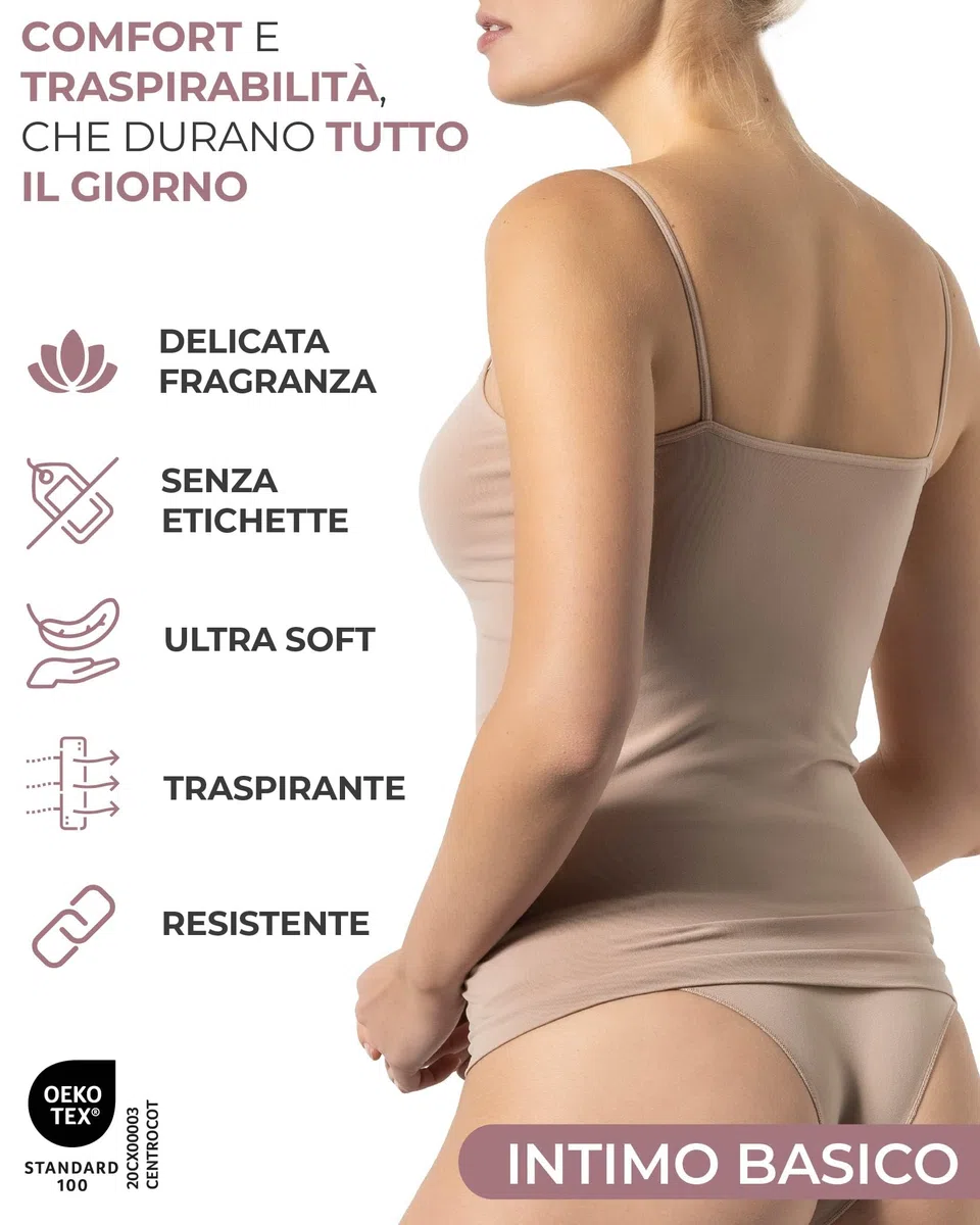 Risalti Canotta Donna Microfibra Spalla Stretta 3 pz - Canottiera Donna Elegante Elasticizzata, Top Intimo Senza Cuciture ed Etichette più Morbido delle Canottiere Cotone, Caraco - Made in Italy
