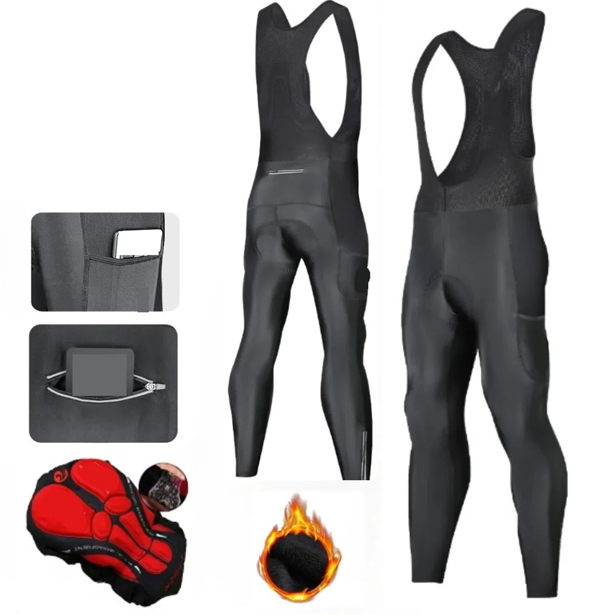 Salopette Ciclismo Uomo Pantaloni con bretelle termici da ciclismo invernali con tasca posteriore Pantaloni con bretelle caldi sportivi in ​​pile da uomo imbottiti in gel 5D Pantaloni con bretelle da
