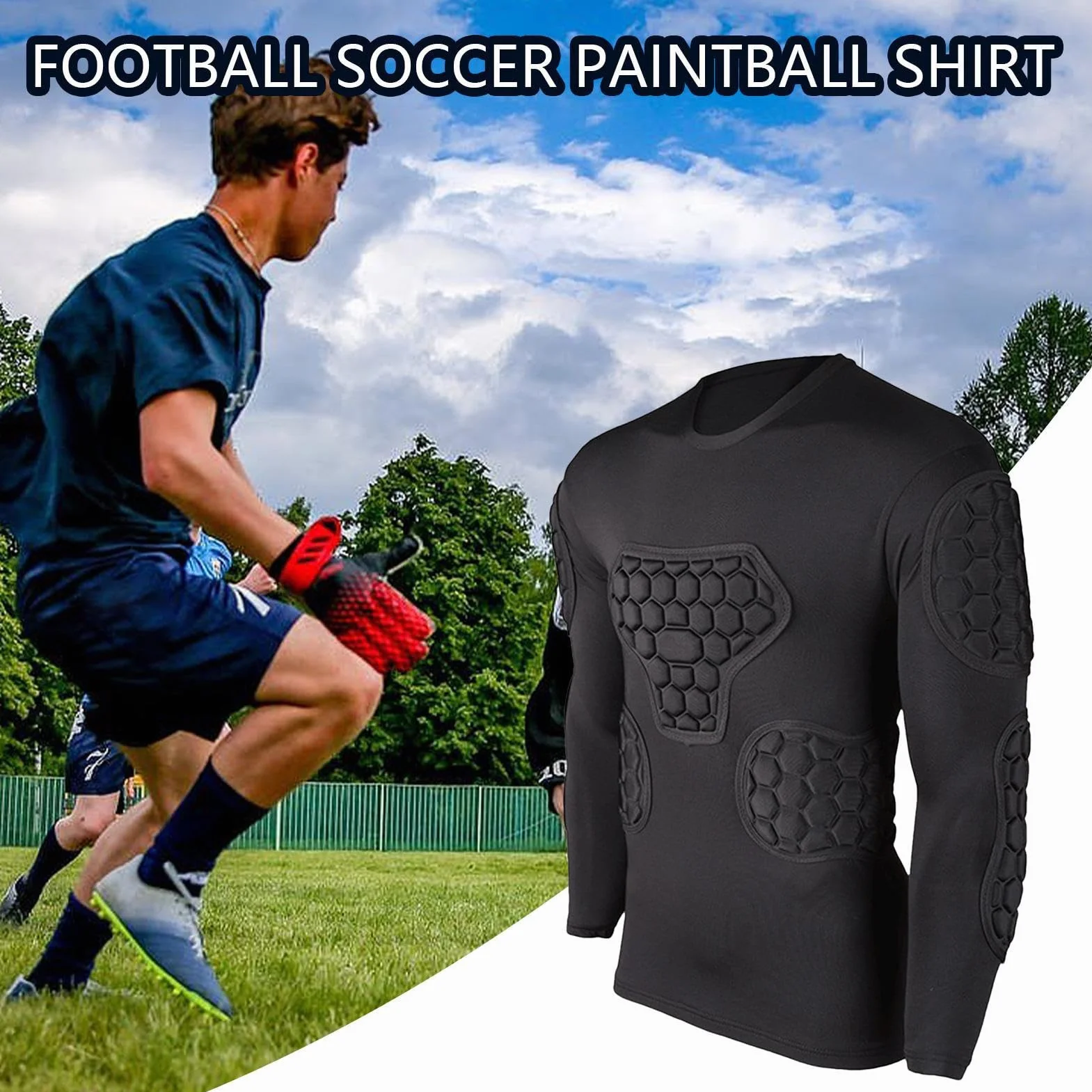 Teksome Maglia a compressione imbottita da calcio, maglia da portiere, nera, a maniche lunghe, per calcio, basket, paintball, rugby, parkour, calcio