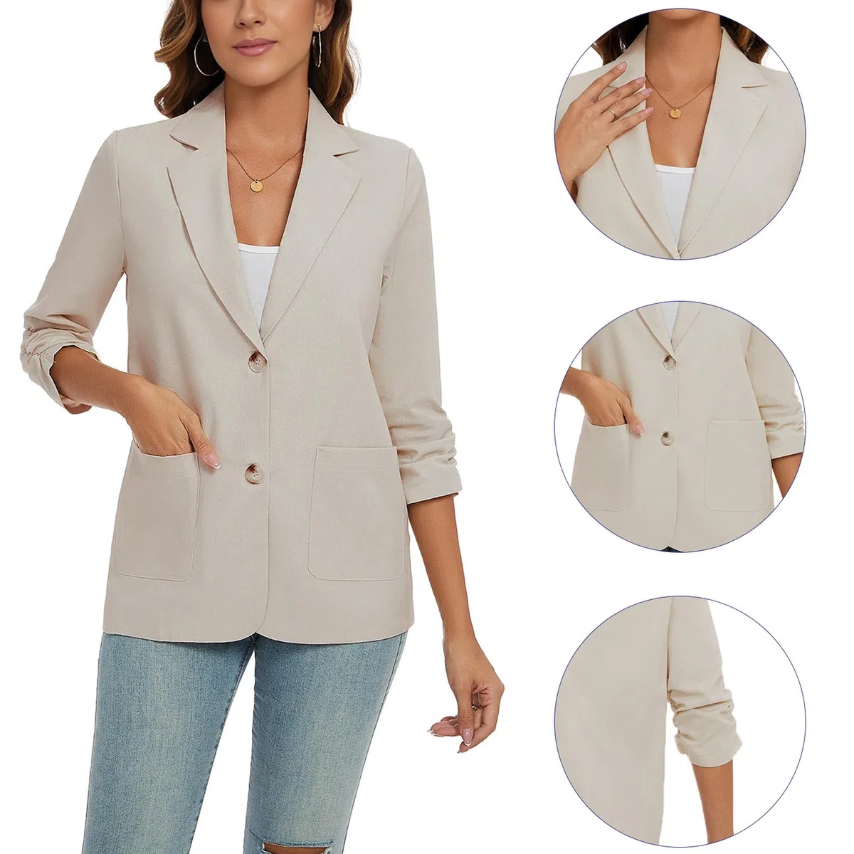 Blazer da donna a 3/4 con maniche increspate in cotone e lino, leggero, estivo, giacche eleganti con tasche con bottoni