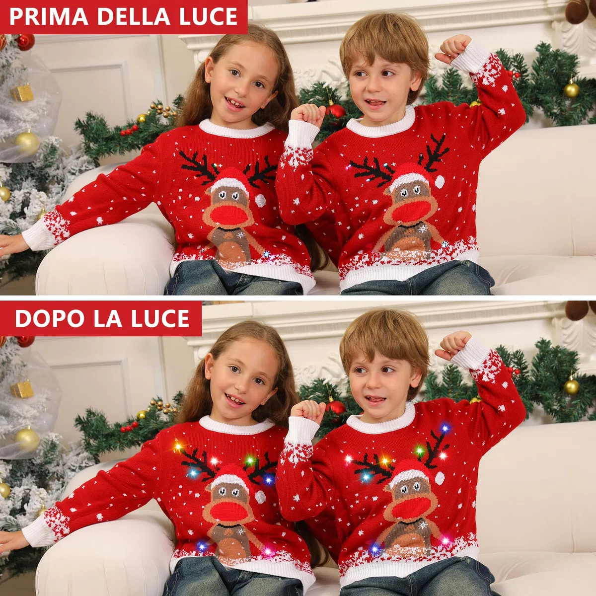 Maglione Natalizio Bambino con Luci, Maglioni Natalizi Bambini Divertenti, Girocollo Maglioncino Natalizio Famiglia Led Ugly Christmas Sweater,Brutti Maglioni di Natale per Bimbo/Bimba/Ragazza/Ragazzo