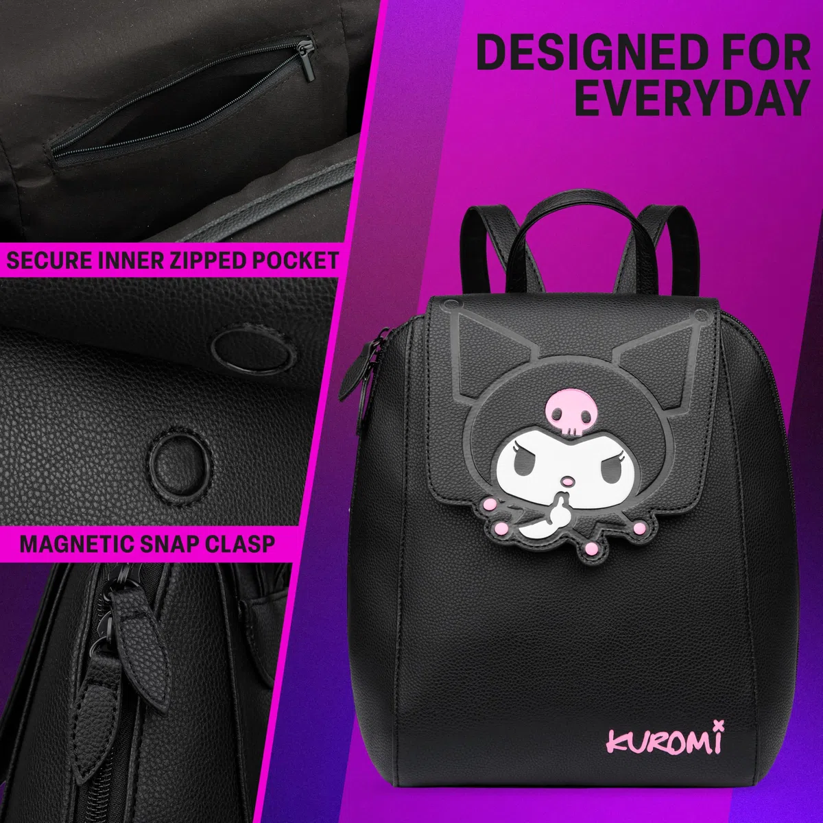 Get Trend Hello Kitty Sanrio Kuromi Zaino Donna e Adolescenti, Anime Zainetto Viaggio, Pelle PU Borsa Tracolla, Regalo per Lei (Nero Kuromi)