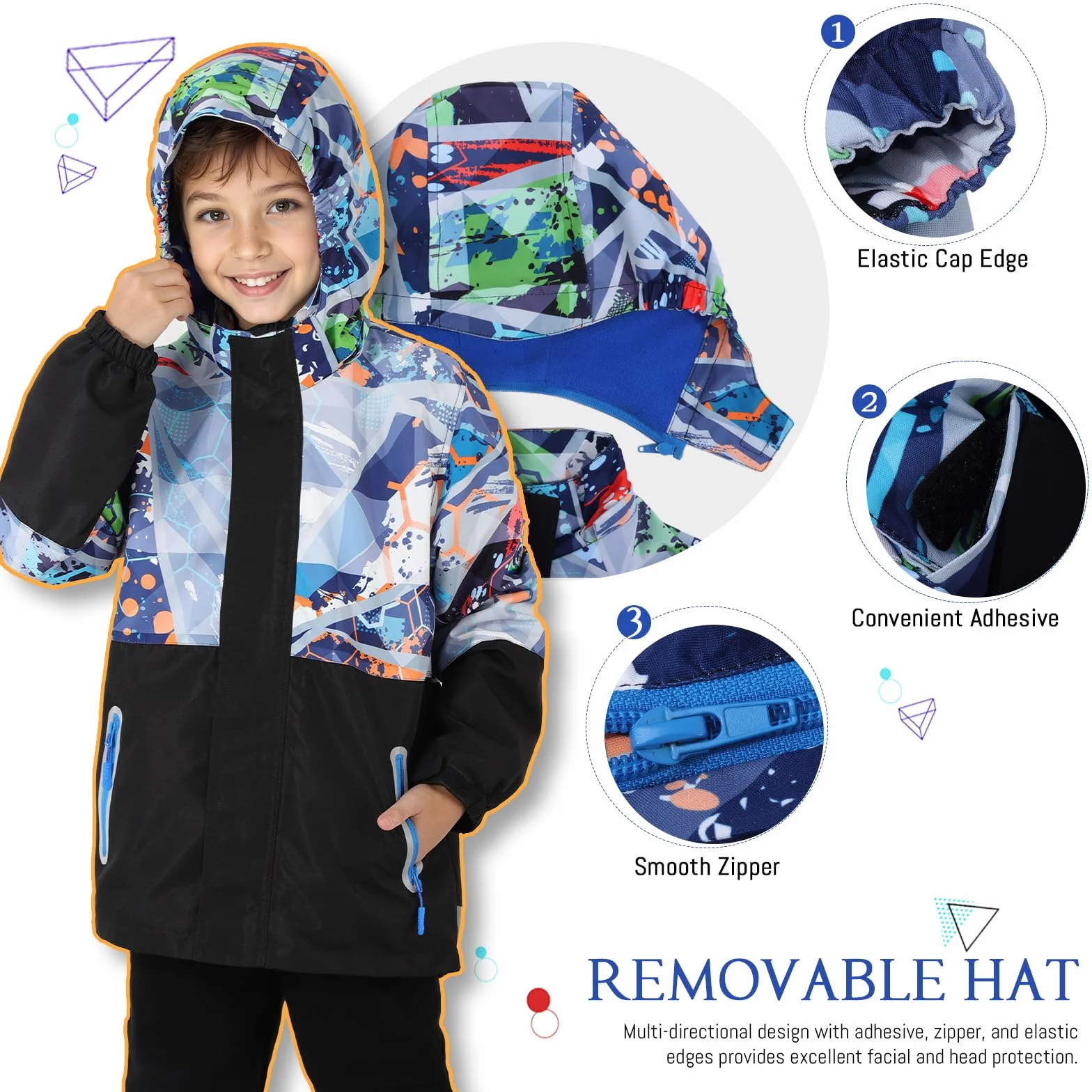 BWBIKE Giacca Impermeabile con Cappuccio per Bambini, Foderata in Pile, Antivento, Leggera, Ideale per Primavera/Autunno/Inverno, Giacca a Vento per Ragazzi a Blocchi di Colore