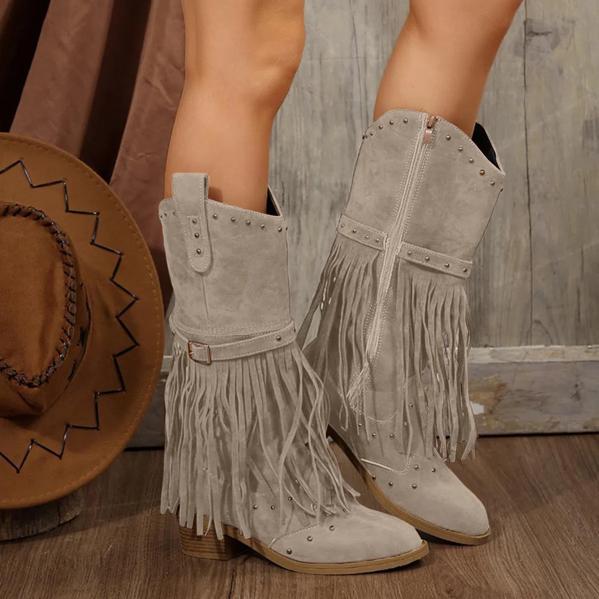 Stivali da donna con tacco e cerniera, eleganti, con frange, medio, da cowboy, a mezza gamba, da donna, per autunno e inverno