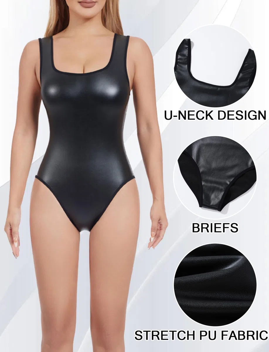 Body Donna in Pelle Leotard Ecopelle Bodysuit con Scollatura Squadrata Aderente Top Abito per Halloween Formazione Sportivo Spettacolo S-4XL