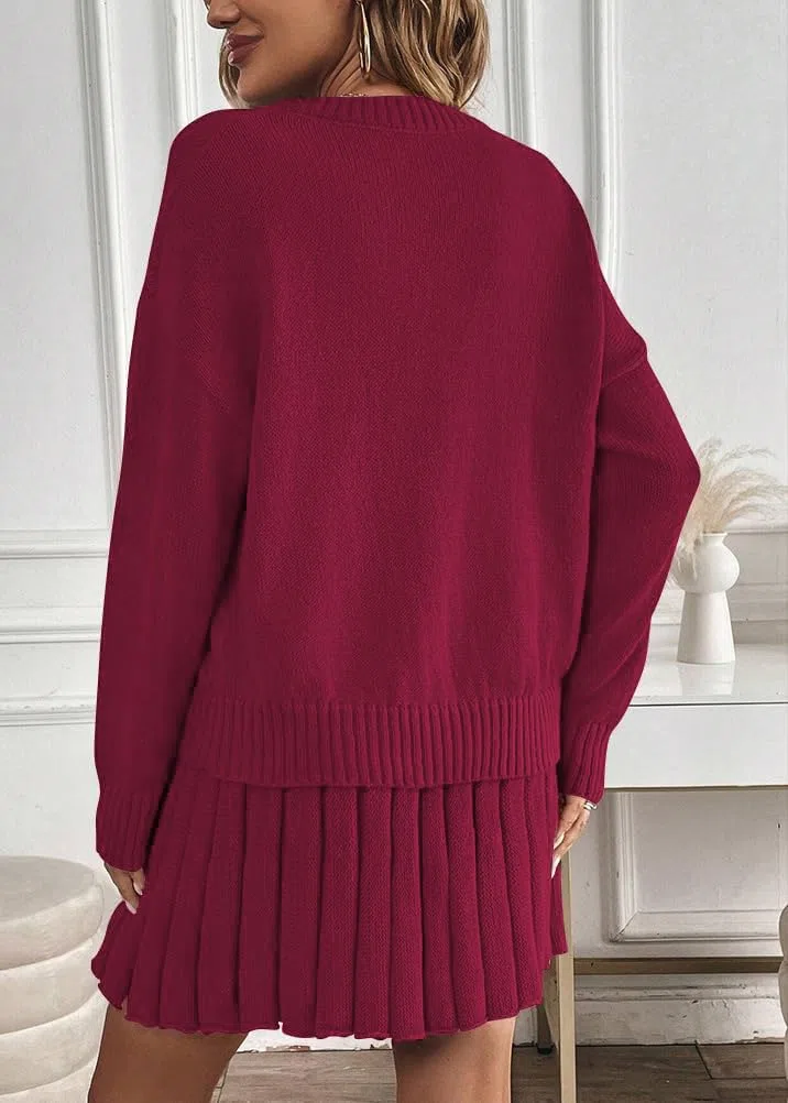 ORANDESIGNE Completo Gonna Plissettata da Donna in 2 Pezzi Abito a Collo Alto e Gonna in Maglia Set 2 Pezzi Vestiti Elegante Vestito in Maglia Gonna A-Line