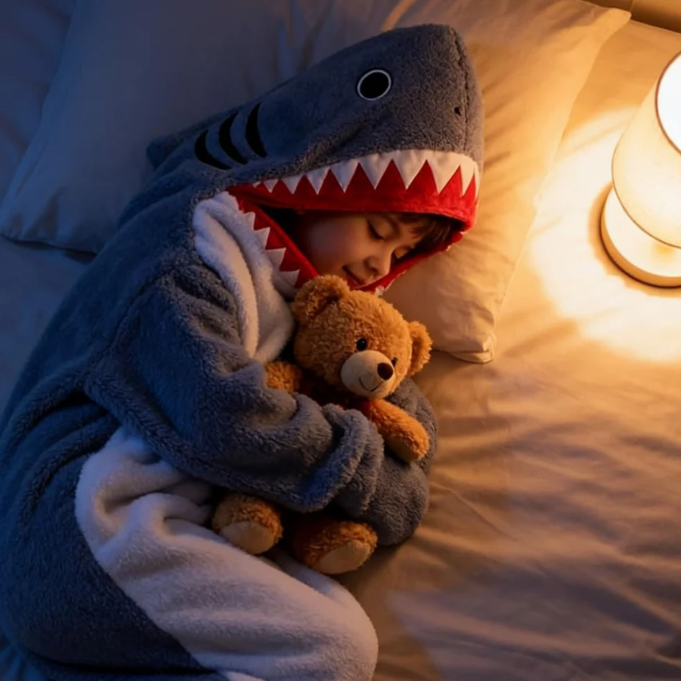 Squalo - Coperta con cappuccio con maniche S-XXL, sacco a pelo con cappuccio, in flanella, con cappuccio, per feste di cartone animato, per adulti e bambini