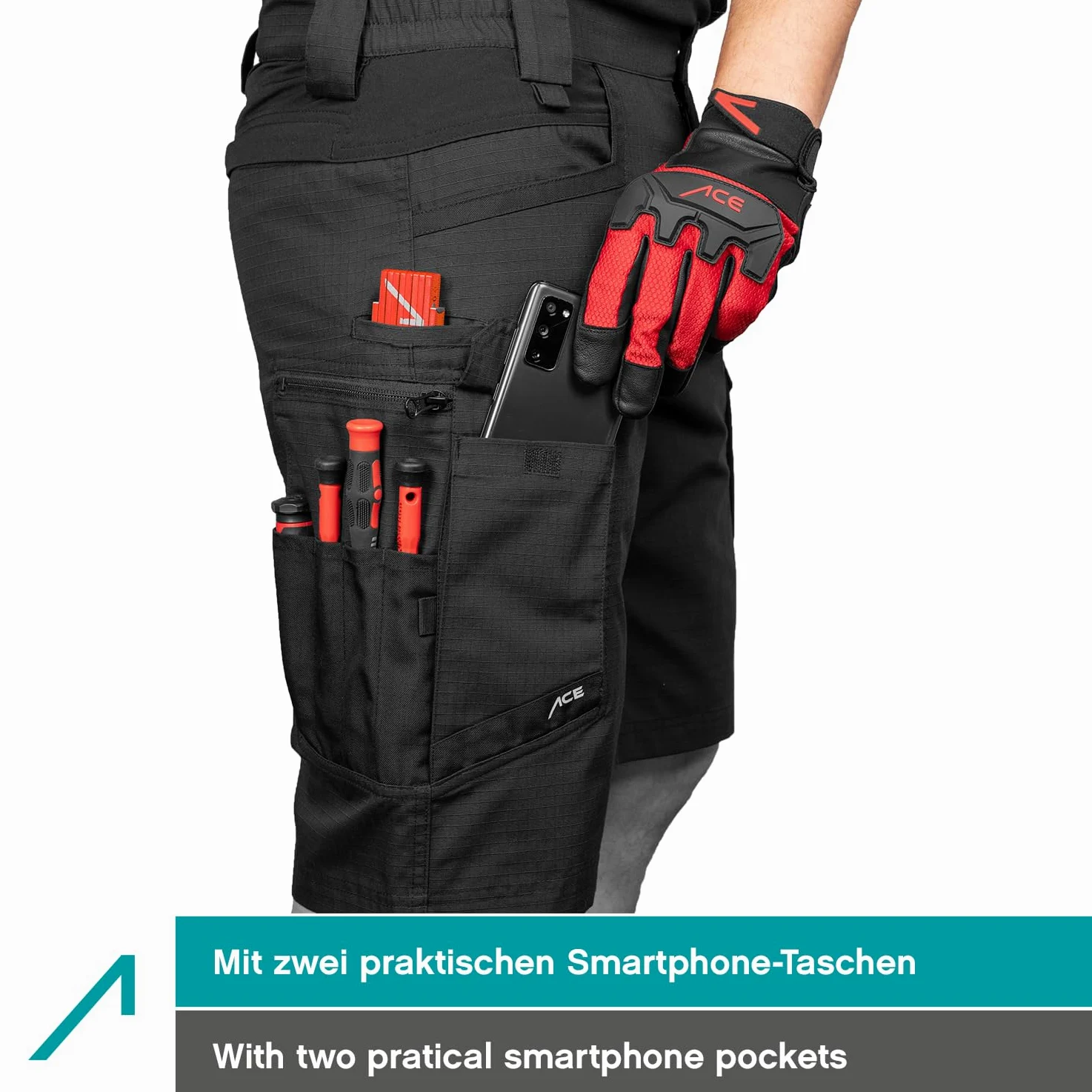 ACE Constructor Pantaloni da lavoro da uomo corti - Pantaloni da lavoro da uomo con tasche cargo e vita elasticizzata per l'estate