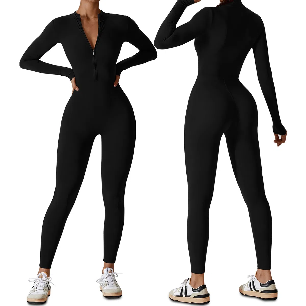 Tuta Intera Donna Sportiva Maniche Lunghe Jumpsuit Aderente Sexy Cerniera Completo per Yoga Palestra Abbigliamento Zip Costine Tutina Sportivo