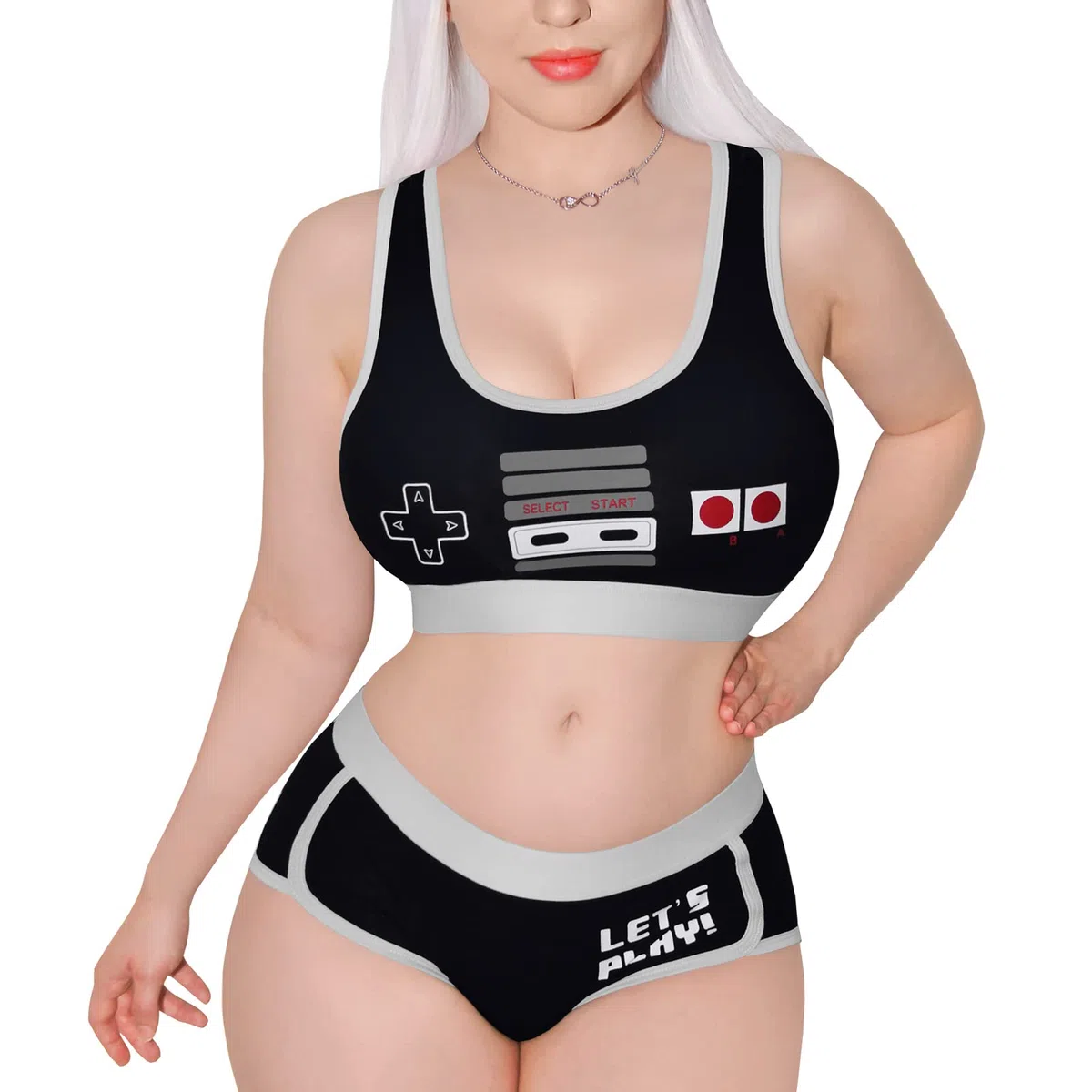 LittleForBig Donne Camisole e Mutandine in Cotone Sportivo Loungewear Bralette Set - Let's Play Gamer Girl Nero