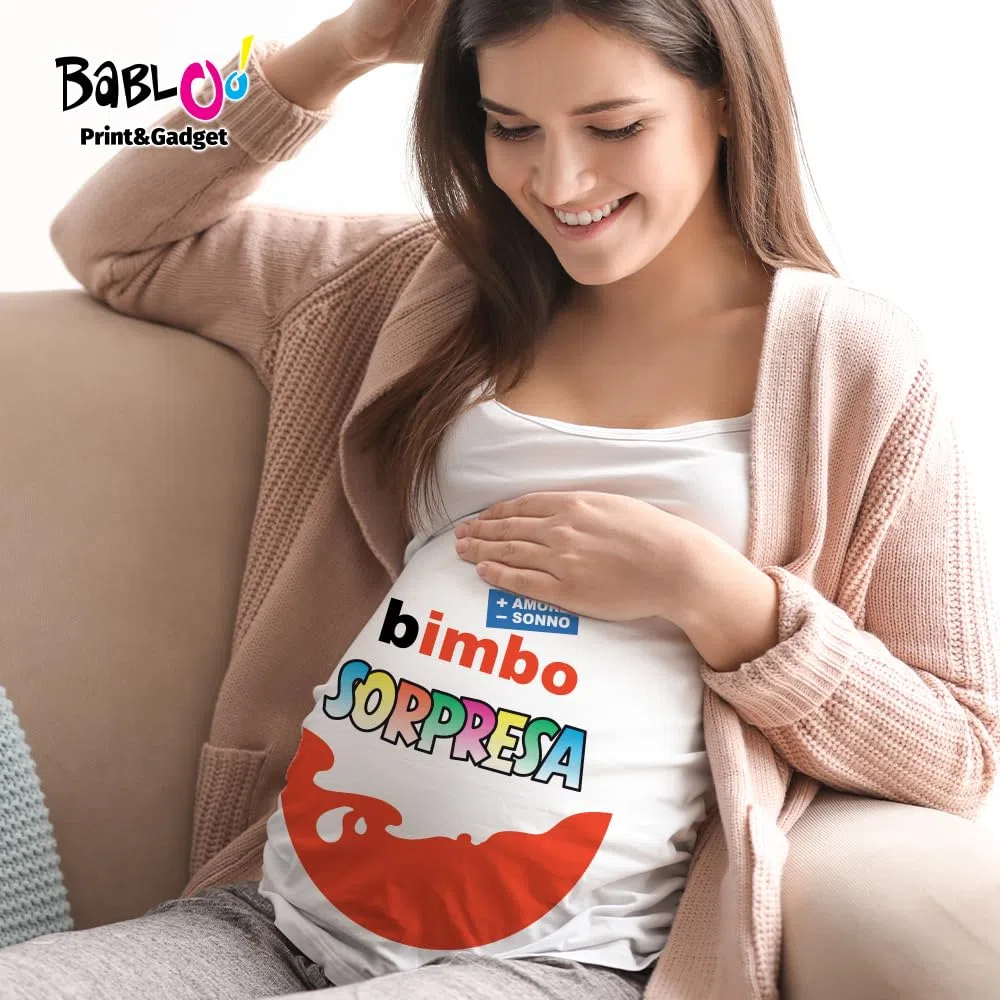 Babloo T Shirt Maglia Premaman Bimbo Sorpresa (L Manica Corta, Bianca Maschietto)