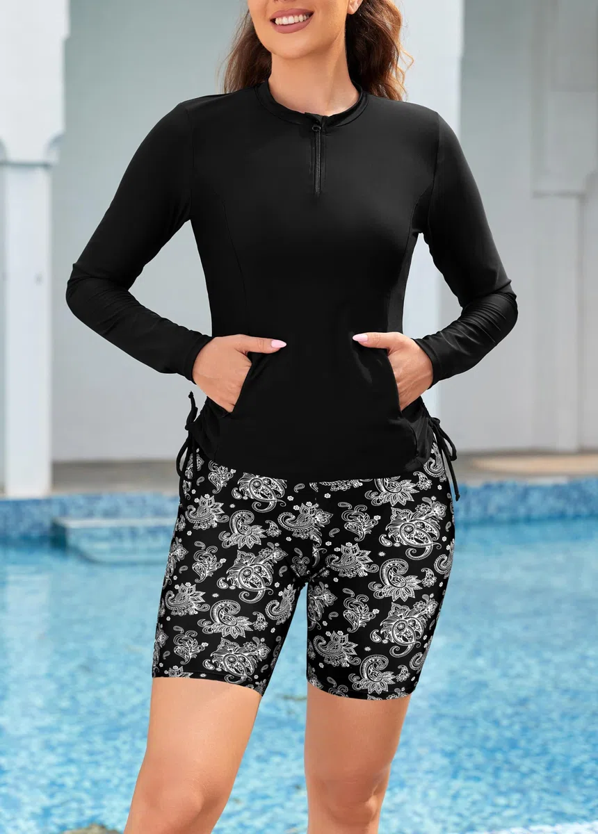 SHEKINI Rashguard, set da 3 pezzi, costume da bagno da donna, con reggiseno integrato, canotta a maniche lunghe, con chiusura lampo