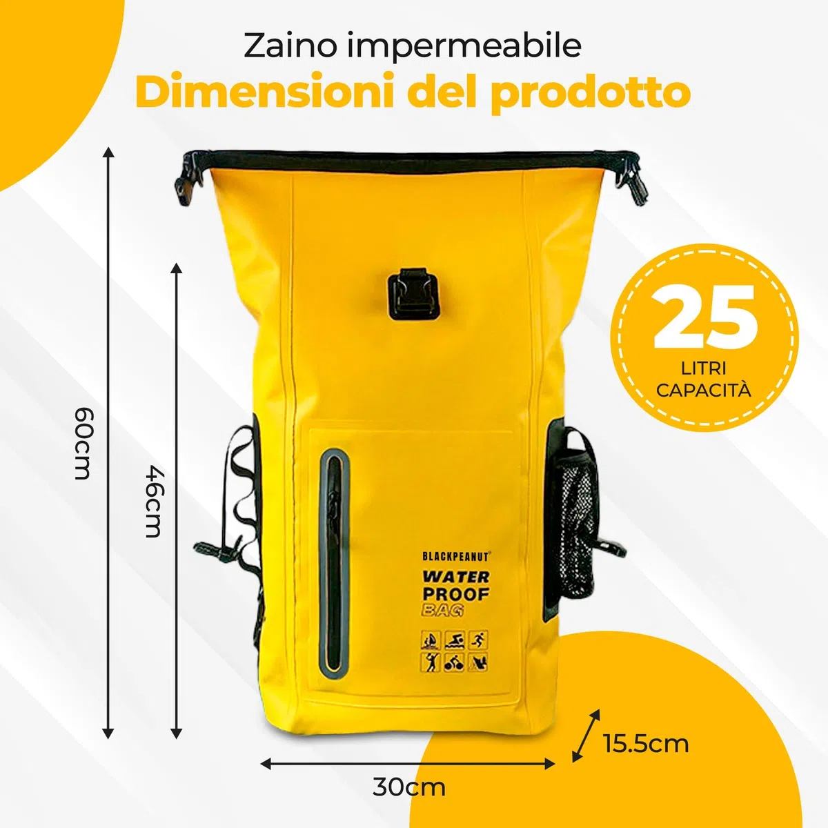 Zaino impermeabile da 25 litri, borsa impermeabile confortevole, borsa impermeabile con tasca esterna per bottiglia d'acqua, ideale per attività acquatiche e all'aperto