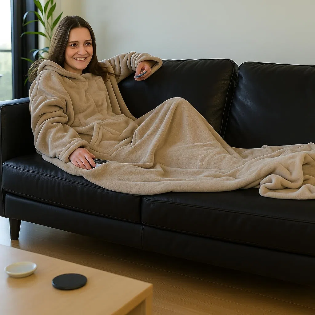 Brandsseller - Coperta per TV morbida con maniche a effetto cashmere, sacca copri piedi e 2 tasche, 150 x 180 cm, grigio tortora