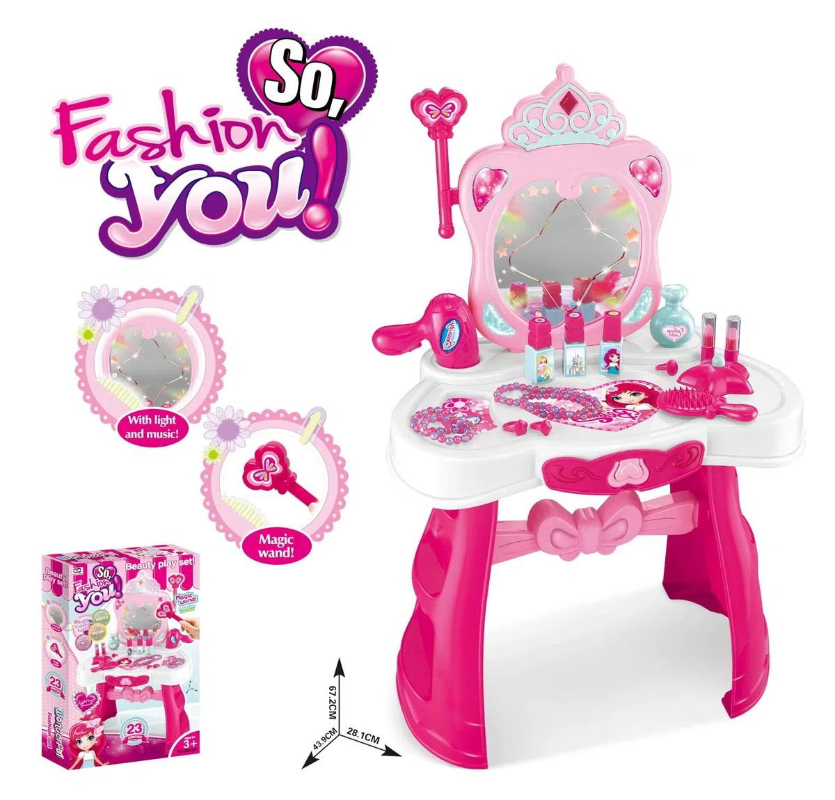 BAKAJI Specchiera per Bambina Make Up con Scettro Cuore Magico Centro Salone di Bellezza Estetista per Bambine, con luci, Suoni e Melodie incantevoli