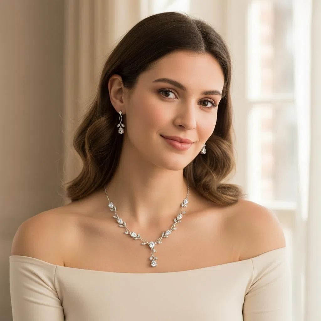 EVER FAITH Set di gioielli da sposa per damigella d'onore Teardrop Cubic Zirconia foglia di vite sposa prom collana orecchini pendenti set bracciale donna