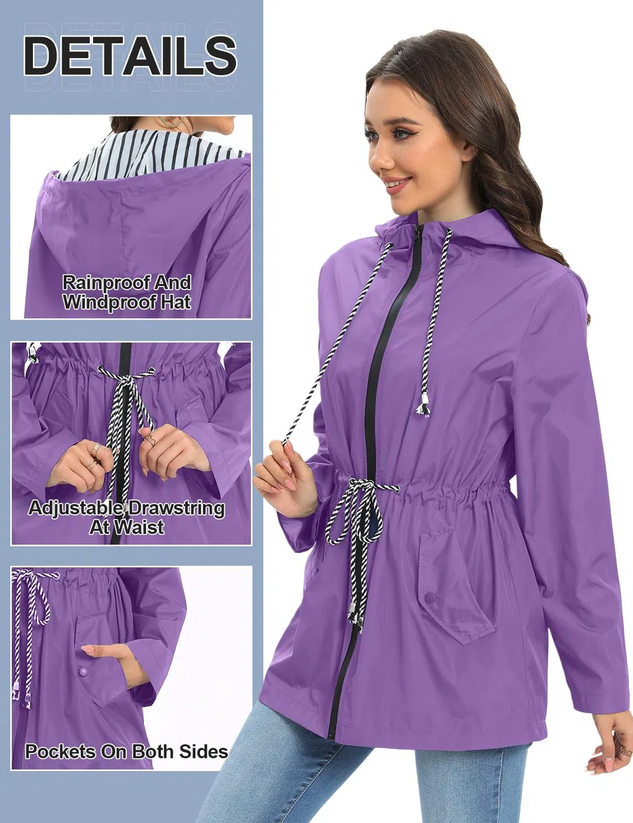 UMIPUBO Giacca Impermeabile Donna Leggera Giacca Antipioggia Antivento Lungo Trench Con cappuccio Traspirante Giacca a Vento Raincoat per All'aperto Campeggio Trekking