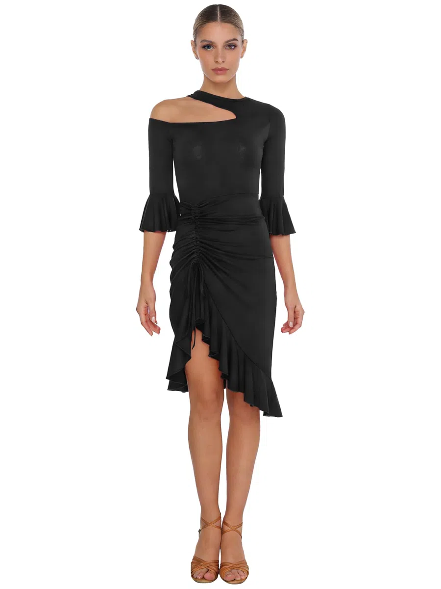 Vestito da Ballo Latino Americano Donna Manica Corta Abito Danza Classica con Orlo Asimmetrico Vestito + Pantaloncini Abito da Pattinaggio Artistico