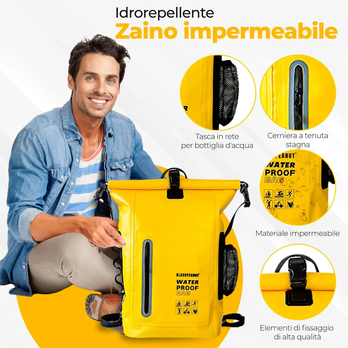 Zaino impermeabile da 25 litri, borsa impermeabile confortevole, borsa impermeabile con tasca esterna per bottiglia d'acqua, ideale per attività acquatiche e all'aperto