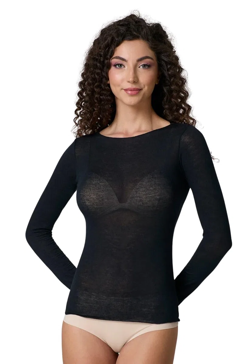 LADY·C Maglietta Donna Maniche Lunghe in Modal e Cashmere Scollo Barca Morbida Calda - Effetto Seconda Pelle - Leggera Ultralight - Intimo Avvolgente