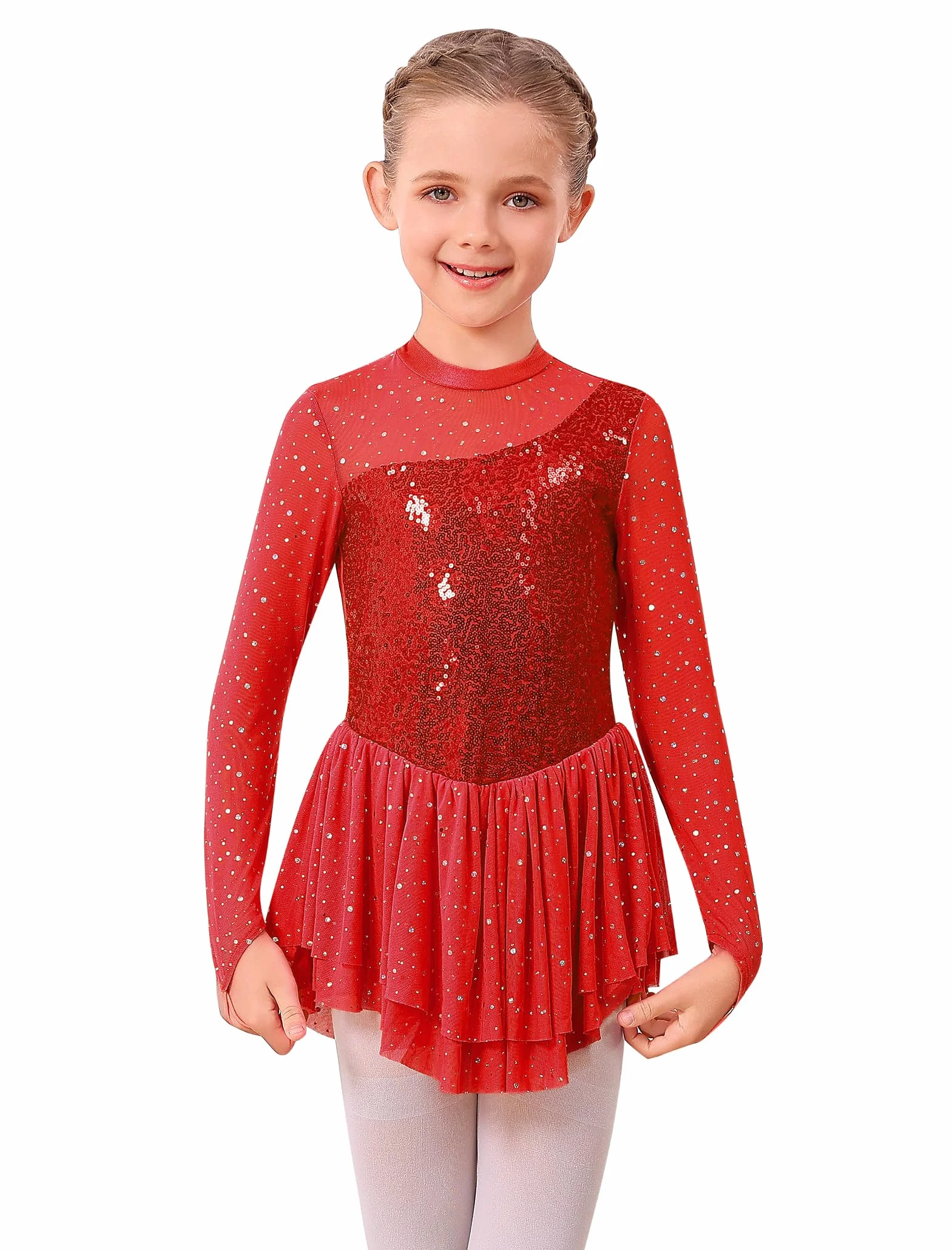 FYMNSI Vestito da pattinaggio artistico per ragazze con strass scintillanti a maniche lunghe in tulle con gonna body da ginnastica danza danza