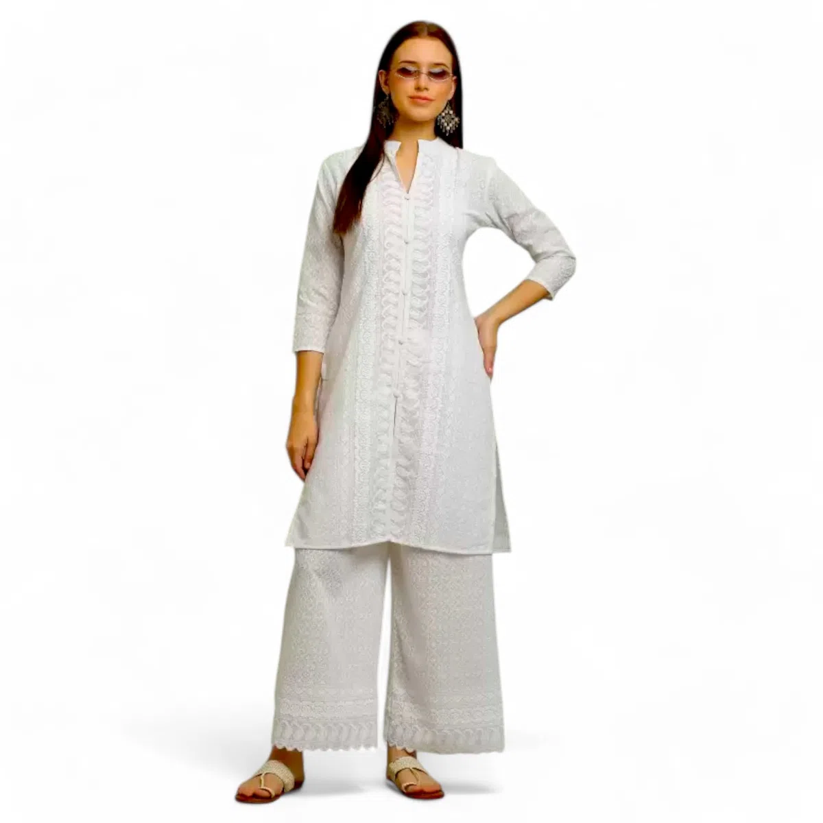 RangMahal - Set da donna in cotone indiano fatto a mano Lucknowi Chikankari Kurta Palazzo tradizionale