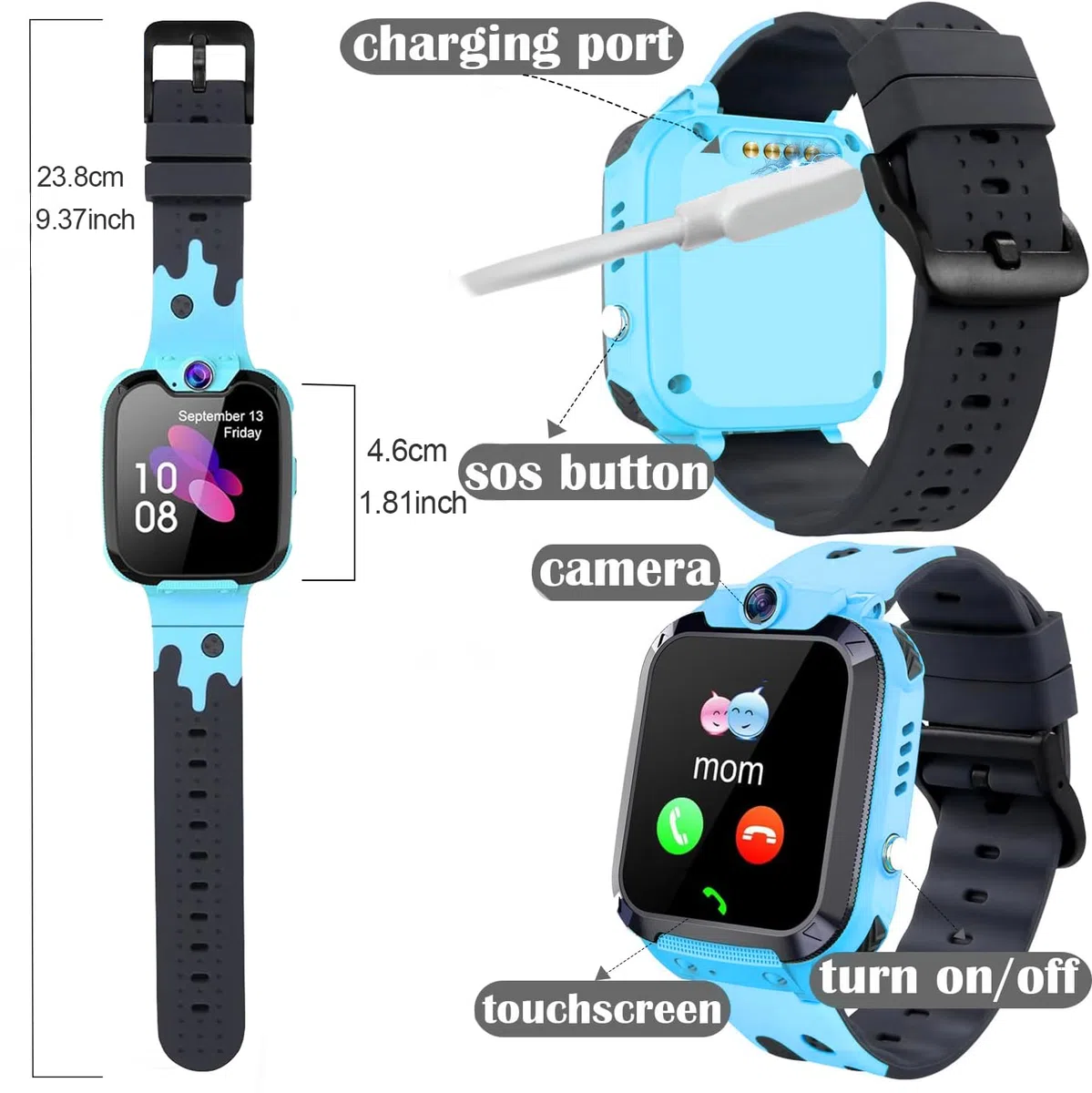 Smartwatch per Bambini con Chiamata, SOS, Calcolatrice, Giochi, Sveglia, Fotocamera, IP67 impermeabile, Modalità Silenziosa Regalo Adatto per Ragazze e Ragazzi Blu