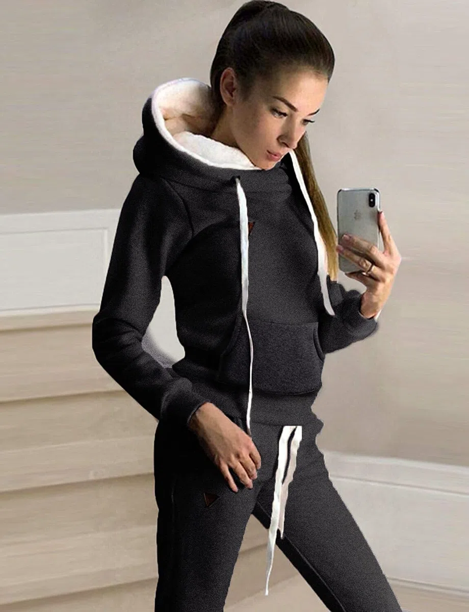 Tuta Donna Sportiva Completa Felpa Cappuccio Collo Alto & Pantaloni 2 Pezzi Completo Sportivo Autunno Inverno