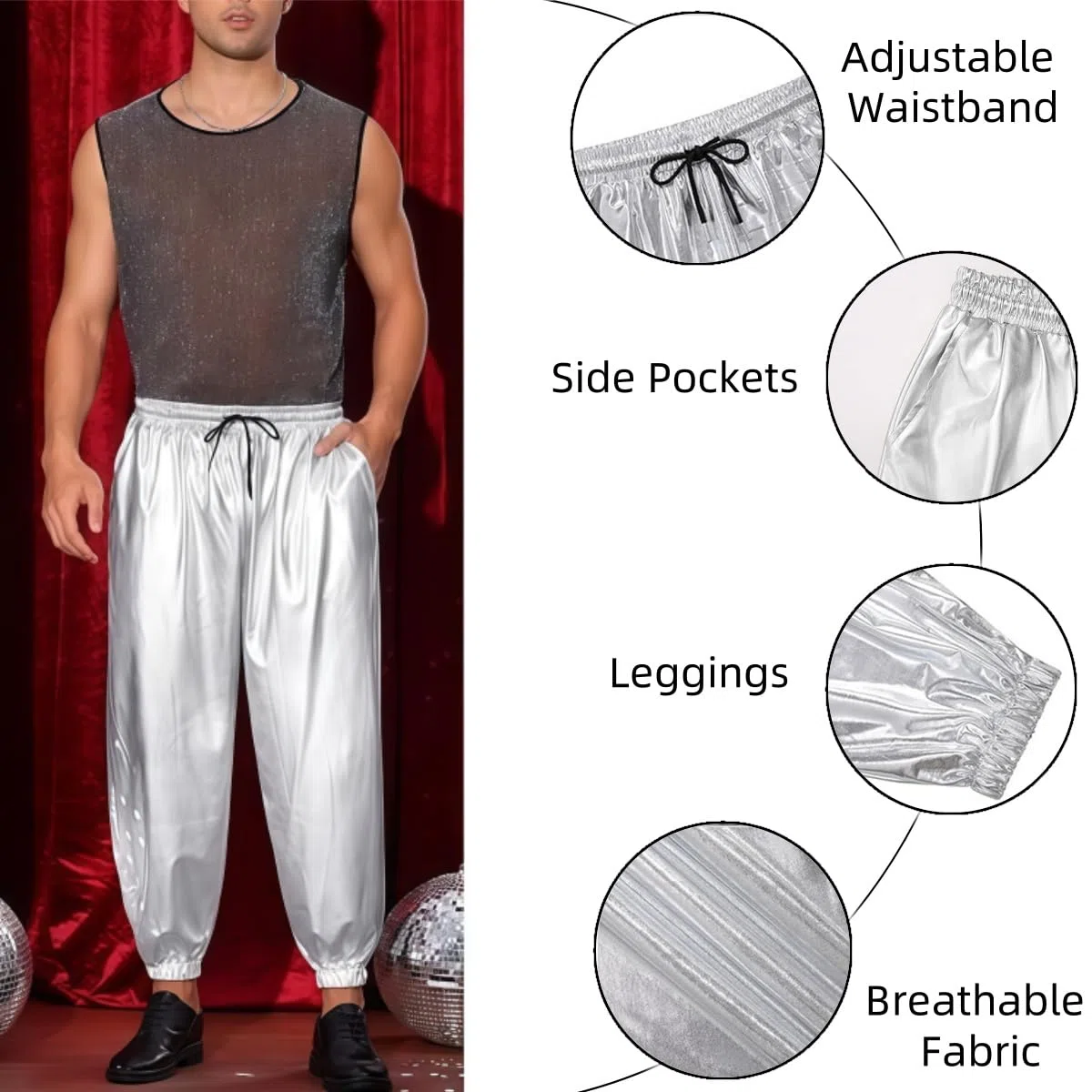 Pantaloni lucidi da uomo, pantaloni da discoteca con coulisse in vita metallizzata con tasche, vita media, in finta pelle, ologramma, hip hop, pantaloni elastici a lunghezza intera, look bagnato, per